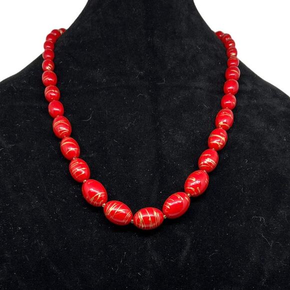 unknown Jewelry - Vintage 90s Red Graduated Bead Necklace Gold Splatter Pattern Statement Piece